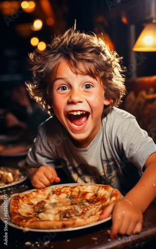 A smiling and happy child eating a tasty pizza