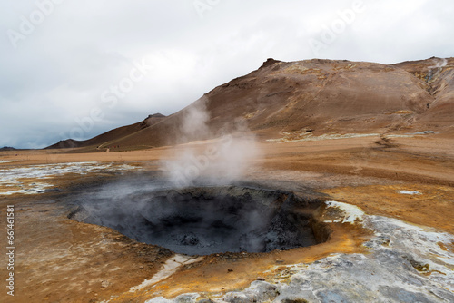 Panoramic view of geothermal active zone cin Iceland near Myvatn lake. Geothermal area in Iceland.