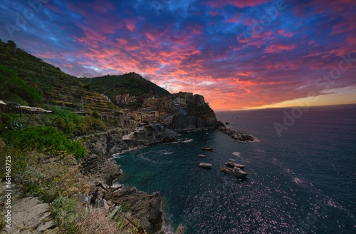 Beautiful sunset in Manarola a popular fishing village and a tourist destination in Cinque Terre in Italy