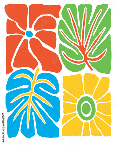 Posters of blue, red, yellow and green abstract flowers and Monsteras. Minimalist floral art prints inspired by Matisse. Adam's Rib Leaves. Vector illustration isolated on transparent background.