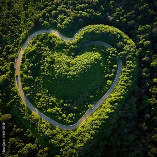 Aerial view of countryside road in the form of a heart passing through the green forest and mountain