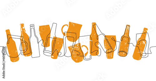 Horizontal seamless pattern with beer bottles and glasses isolated on white background. Vector illustration.