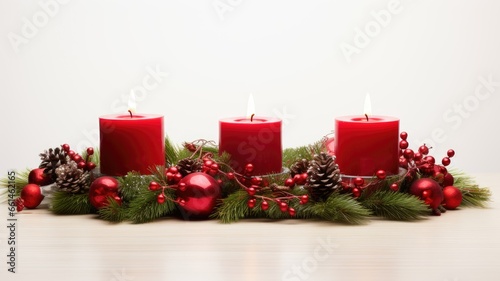 festive Christmas decor, incorporating vibrant fir branches, sparkling ornaments, and candles aglow on a wooden background. This composition convey the heartwarming essence of the season.