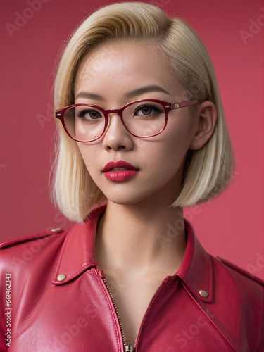 pretty blond woman wearing glasses looking at viewer. crimson studio background. asian woman with short hair
