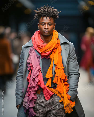 A stylish African-American man on the runway showing off his fashionable clothes