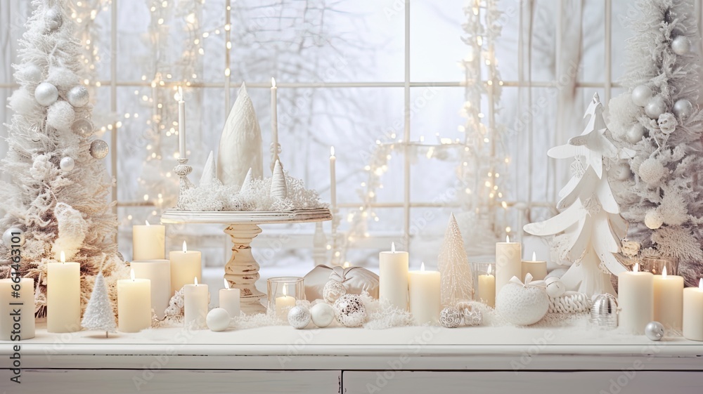 festive Christmas decor using lush fir branches, charming ornaments, and softly glowing candles on a clean white wooden background. the holiday spirit with this picturesque composition. festive Christmas decor using lush fir branches, charming ornaments, and softly glowing candles on a clean white wooden background. the holiday spirit with this picturesque composition.