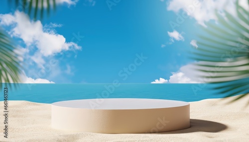 Summer tropical background, Podium on sand beach on sea background, Mock up for the exhibitions, Presentation of products