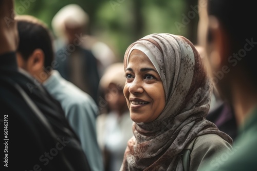 A Muslim woman engaging with local residents at a community gathering, listening to their concerns and ideas, and actively participating in discussions. Community involvement and building connections. photo