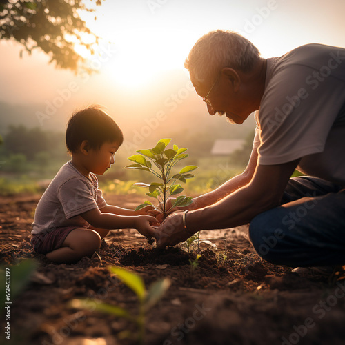 A man hands a small plant to a child, children's hands hold a plant, in the garden, love and care for the environment, wide angle, early morning, father and son
