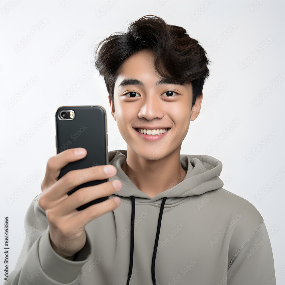 Asian boy teenage smiling using a smartphone mobile for selfie on isolated white, Talking on the phone, Digital devices in daily lives, Digital native, The Alpha Generation Asian boy teenage smiling using a smartphone mobile for selfie on isolated white, Talking on the phone, Digital devices in daily lives, Digital native, The Alpha Generation