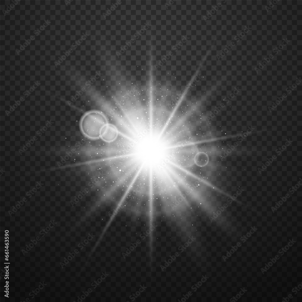Light effect on a dark transparent background. A sparkling white glare, a twinkling star. Vector element with highlights and rays.