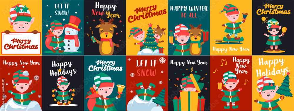 Set of cute Christmas elves. Happy New Year, banner, flayer, leaflet, poster. Vector illustration