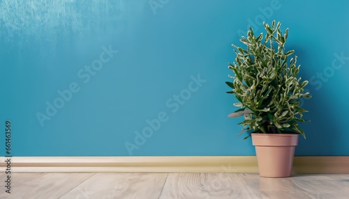Plant against a soft blue wall background with copy space