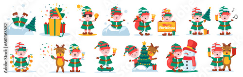 Set of cute Christmas elves. Happy New Year, banner, flayer, leaflet, poster. Vector illustration