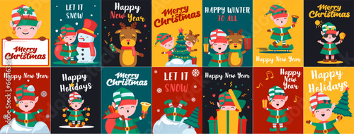 Set of cute Christmas elves. Happy New Year, banner, flayer, leaflet, poster. Vector illustration