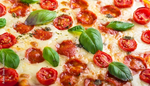 Close up view of pizza with pepperoni, tomatoes and melted cheese