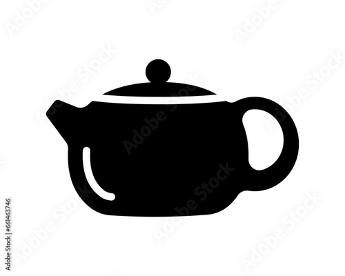 Black teapot. Traditional ceramic chinese and japanese pot with spout and handle for aromatic tea and coffee for relaxation and vector ceremonies