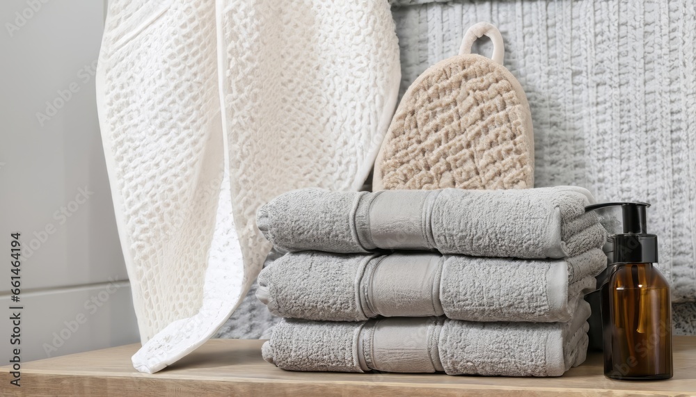 Organic waffle linen towels, bathroom zero waste accessories in grey shades in contemporary bathroom interior