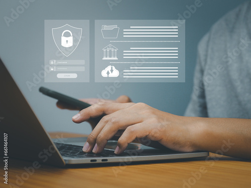 Security technology protection privacy information, Businessman using security technology to access documents and financial information or the cloud that is confidential and safe on the internet