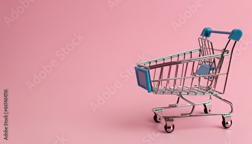 Small silver shopping cart isolated over pink pastel background with copy space