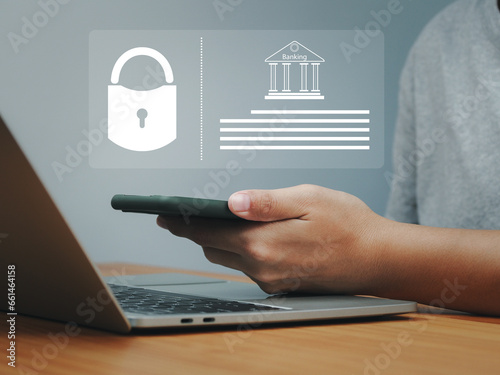 Security technology protection privacy information, Businessman using security technology to access investment financial information that is secret and safe from internet attacks