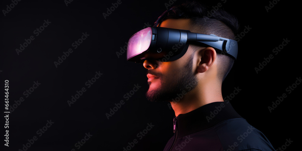 virtual reality augmented vr goggle headset male experience future technology entertainment lifestyle adult male wear vr studio shot n dark background virtual reality augmented vr goggle headset male experience future technology entertainment lifestyle adult male wear vr studio shot n dark background