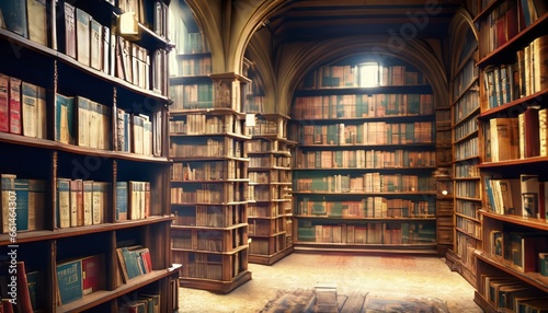Old library or bookshop with many books on shelves photo