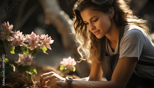 Woman gardening in spring. Woman taking care of the flowers during spring time. Beautiful flowers. Smiling woman gardening. Woman watering the flowers. Flowers. Greenery. Season of Spring