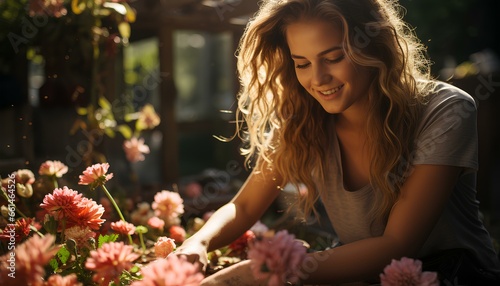 Woman gardening in spring. Woman taking care of the flowers during spring time. Beautiful flowers. Smiling woman gardening. Woman watering the flowers. Flowers. Greenery. Season of Spring © Divid
