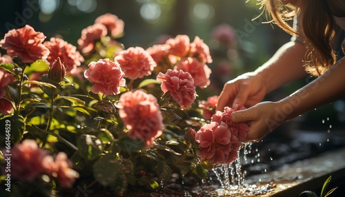 Woman gardening in spring. Woman taking care of the flowers during spring time. Beautiful flowers. Smiling woman gardening. Woman watering the flowers. Flowers. Greenery. Season of Spring © Divid