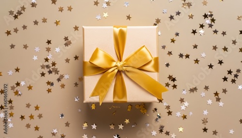 Top view beautiful present box with golden yellow ribbon on background with shiny confetti on beige background © Loliruri