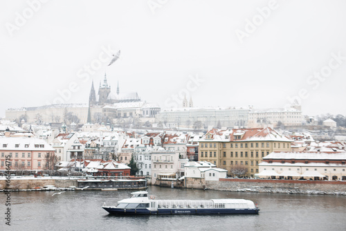 Prague historical beautiful Landmarks in Pictures in winter time with seagull