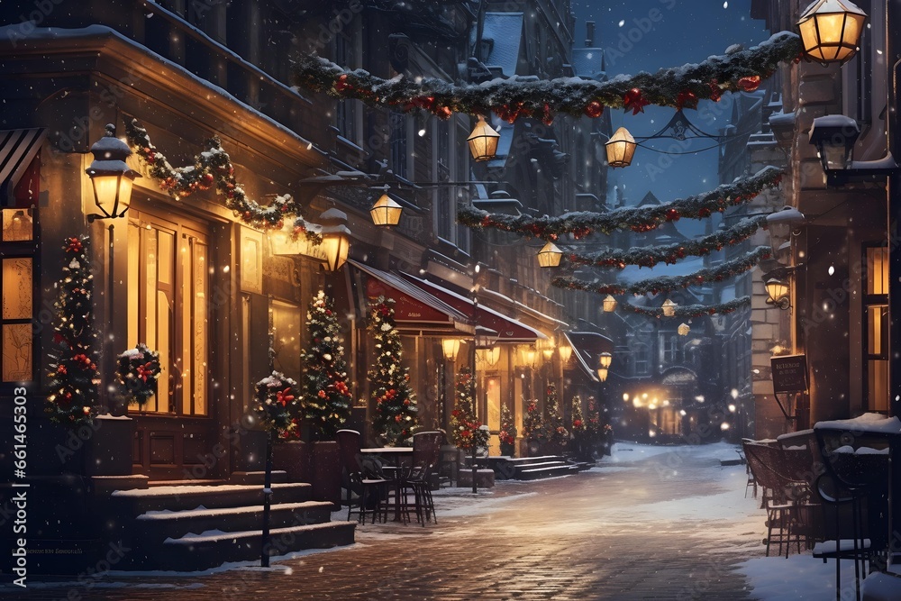 A European city street with holiday decorations and lights on Christmas Eve with snowfall. 