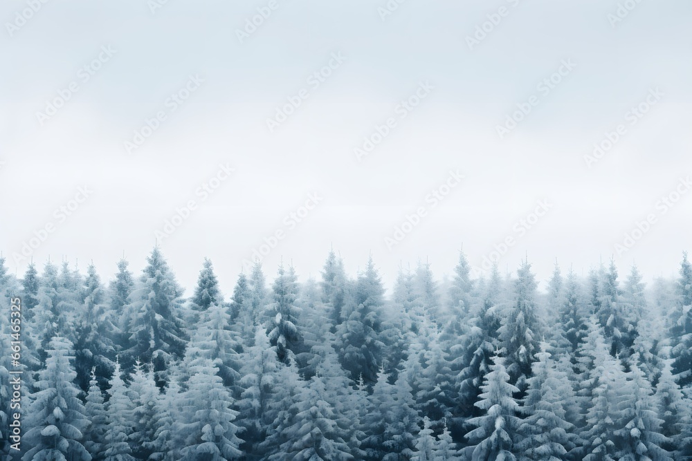 A snowy forest nestled under a blue sky. Banner with free space for text
