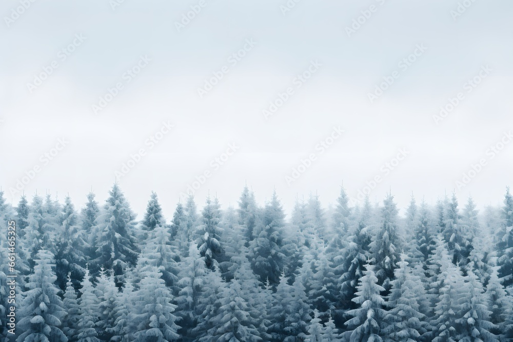 A snowy forest nestled under a blue sky. Banner with free space for text A snowy forest nestled under a blue sky. Banner with free space for text