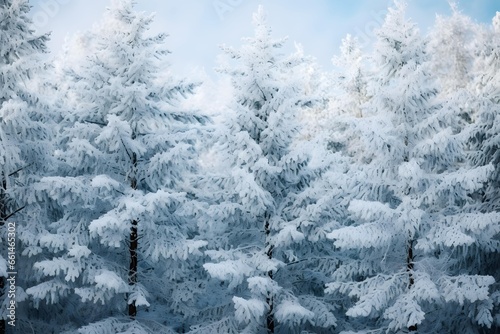 Photo of snowy white spruce trees in the forest