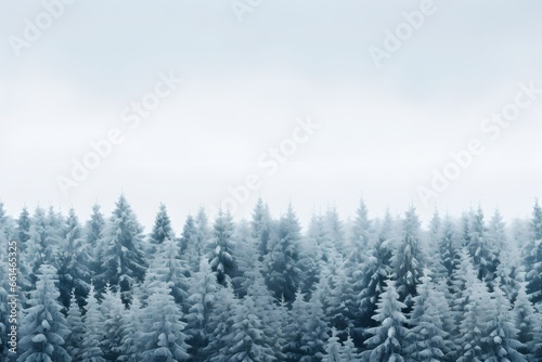 A snowy forest nestled under a blue sky. Banner with free space for text