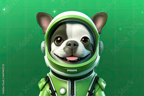 Petfluencers - Our Loyal Friend Sets Off as an Astronaut into Outer Space on Green Background photo