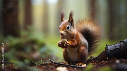 A red squirrel eating a nut in the woods