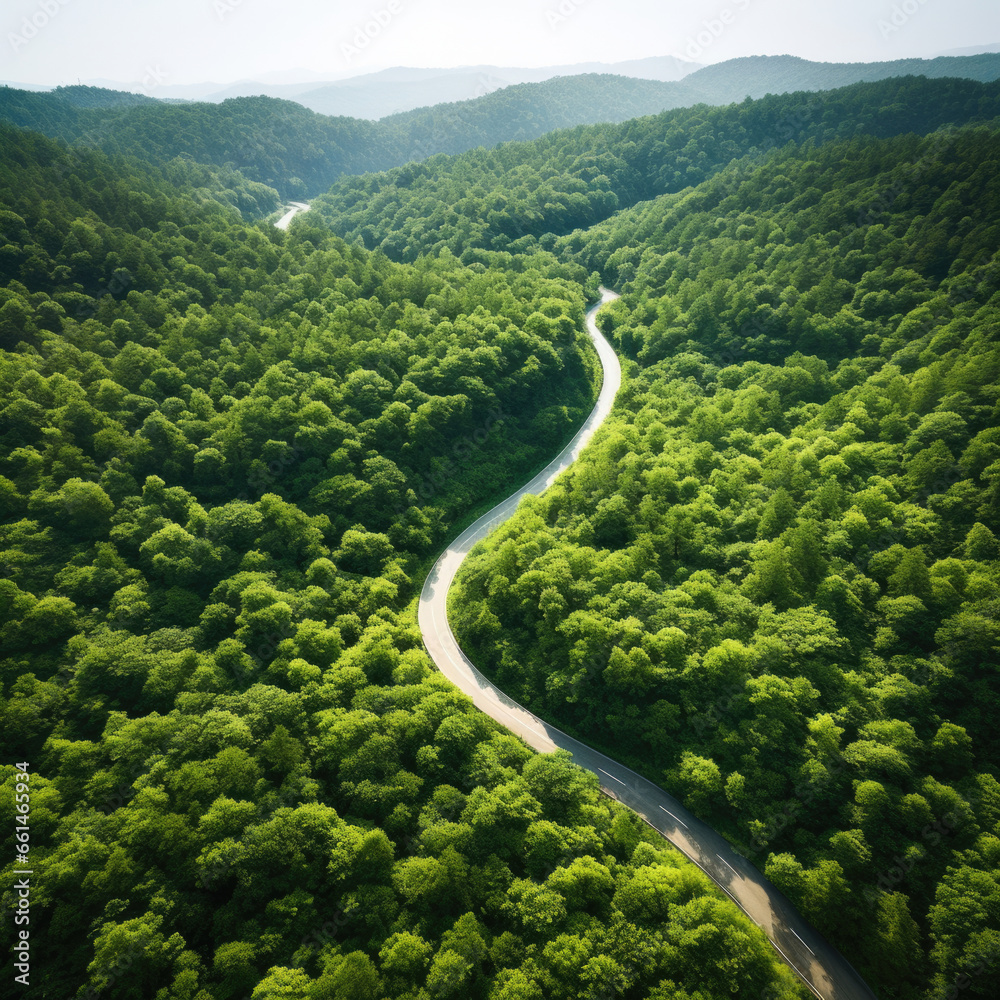 Aerial view of a mountain road in the form of a heart through a forest landscape Aerial view of a mountain road in the form of a heart through a forest landscape