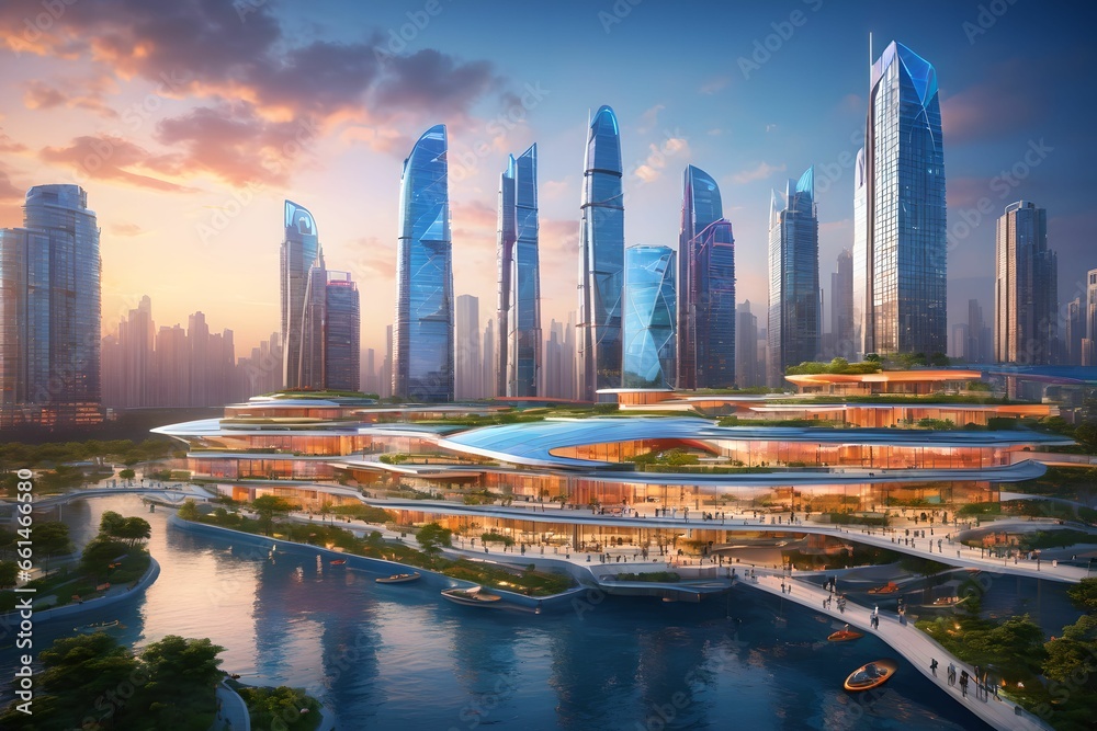 Obraz premium Future-type cities and buildings with lakes and panoramic views of the sky. Generative AI