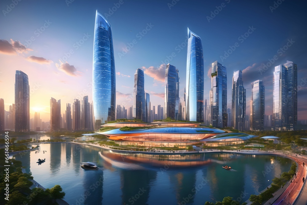 Obraz premium Future-type cities and buildings with lakes and panoramic views of the sky. Generative AI