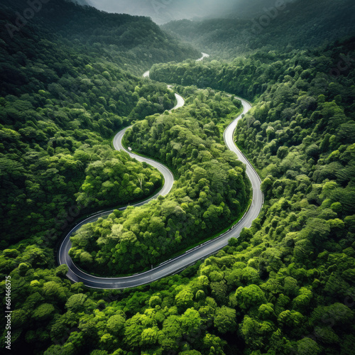 Aerial View of a road on a forest. Forest road through coniferous wood shape above