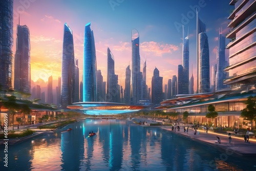 Future-type cities and buildings with lakes and panoramic views of the sky. Generative AI
