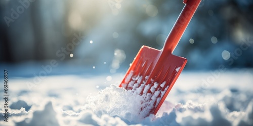 close-up photo of a gloved hand gripping a snow shovel