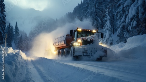 snowplow clearing a road during a blizzard