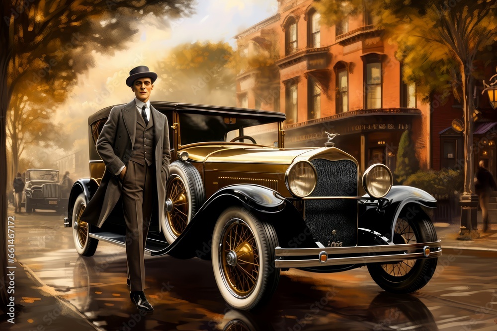 Independent American man. Old american 1920 year car. Generate AI - obrazy, fototapety, plakaty 