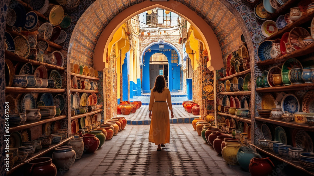 In a Moroccan medina cafe, a woman enters through a traditional archway, stepping into a labyrinth of narrow lanes and colorful tiles, showcasing the immersive experience of Morocc 