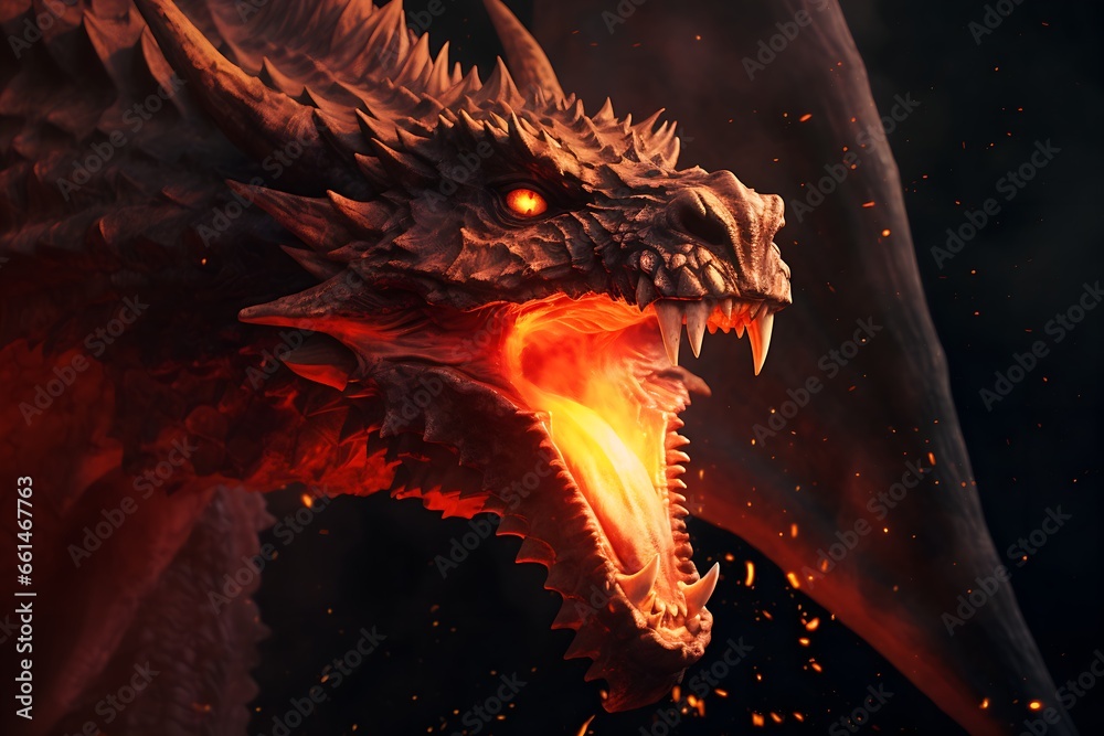 Head of a fire spitting dragon with a dark background - obrazy, fototapety, plakaty 