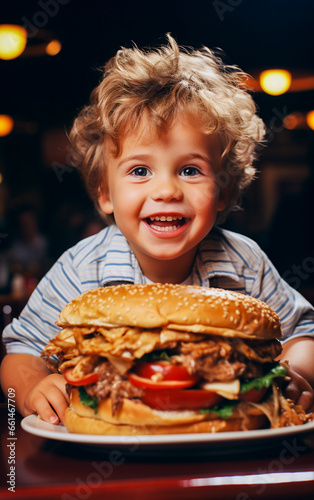 A smiling and happy child eating a huge cheeseburger